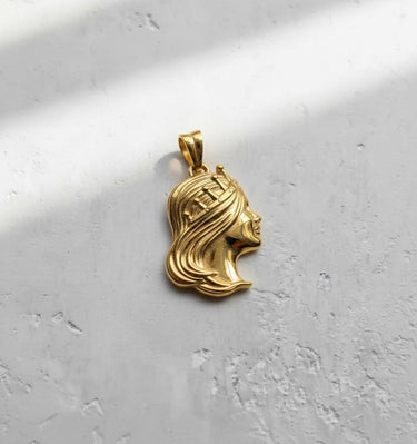 Handcrafted 925 silver Virgo Queen Pendant with a bright yellow gold plating, angled to show the flowing hair detail.