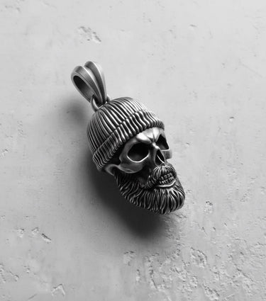 Close-up of a 925 sterling silver bearded skull pendant, highlighting the gothic biker style and handcrafted details.