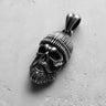 Oxidized 925 sterling silver bearded skull pendant with deep shadows in the eye sockets, emphasizing its gothic biker style.
