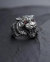 Handcrafted 925 sterling silver tiger head ring showcasing the intricate fur texture along the band and snarling expression.