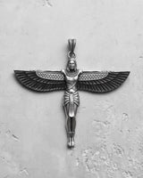 Top-down view of a sterling silver Isis Goddess pendant, showcasing the full wingspan and symmetrical design details.
