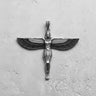 Top-down view of a sterling silver Isis Goddess pendant, showcasing the full wingspan and symmetrical design details.