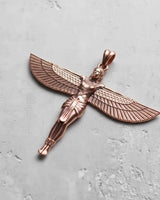 Rose gold Isis Goddess pendant featuring the Egyptian deity with outstretched wings, a statement piece of spiritual jewelry.