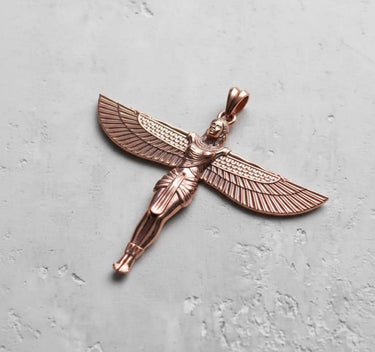 Rose gold Isis Goddess pendant featuring the Egyptian deity with outstretched wings, a statement piece of spiritual jewelry.