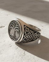 Close-up profile of the sterling Silver Yggdrasil Ring, emphasizing the depth and craftsmanship of the symbolic design.