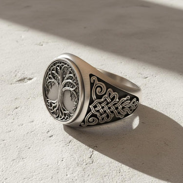 Close-up profile of the sterling Silver Yggdrasil Ring, emphasizing the depth and craftsmanship of the symbolic design.