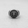 Front-on view of the handcrafted 925 sterling silver Medusa ring, highlighting the detailed snakes in her hair and oxidized finish.