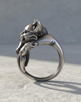 3D render of a sterling silver cat ring showing the side profile and smooth, continuous design of the cat's body.