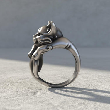 3D render of a sterling silver cat ring showing the side profile and smooth, continuous design of the cat's body.