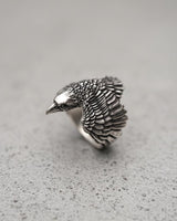 Silver Raven Ring with detailed, oxidized feathers and a polished head, shown at an angle on a textured grey surface.