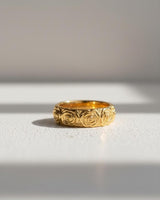 14K gold vermeil Japanese rose ring with detailed floral relief pattern displayed on white background