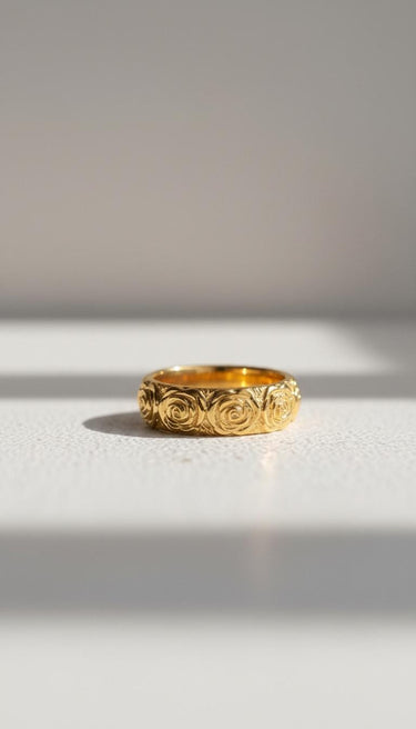14K gold vermeil Japanese rose ring with detailed floral relief pattern displayed on white background