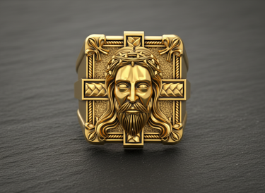 Gold vermeil Jesus ring featuring detailed crown of thorns and cross design on dark background