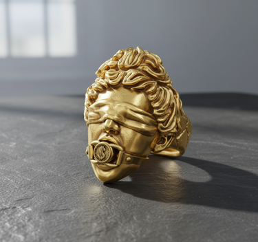 All-gold version of the Lady Justice ring, showing the blindfolded and gagged statue in a soft, sunlit room.