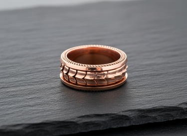Rose gold plated silver dragon scale ring with rope edge detailing on dark slate background