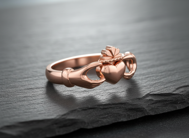 Rose gold plated 925 sterling silver Claddagh ring featuring hands heart and crown displayed on dark slate background