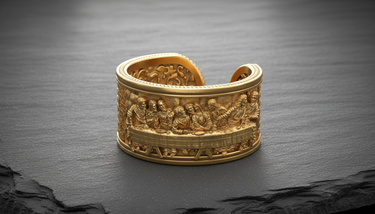 Gold vermeil Last Supper ring featuring detailed relief of Jesus and disciples on table