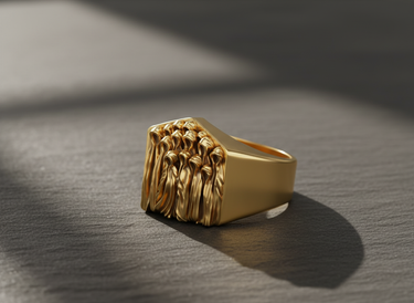 Statement ghost ring in 14k gold vermeil, featuring sculpted spectral figures, resting on a textured grey stone surface.