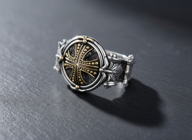 Men's silver knight cross ring with gold-plated accents on the cross and bezel, shown on a dark slate background.