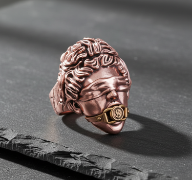 Rose gold plated Silver Justice Ring with blindfolded goddess design and dollar sign gag, resting on a black slate stone.