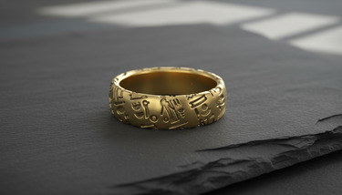 Gold vermeil ring featuring raised ancient Egyptian hieroglyphs and symbols on a dark slate surface