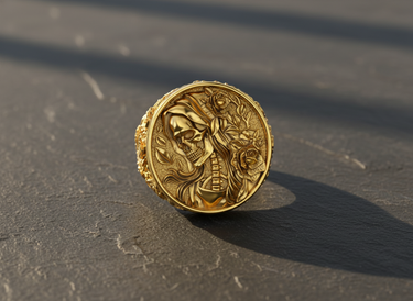 Gold vermeil grim reaper ring with skeleton and rose details on textured dark background
