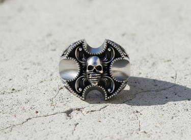 Handcrafted 925 sterling silver skull ring with oxidized finish and intricate baroque scrolls