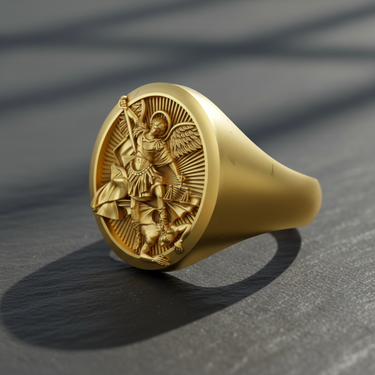 Gold vermeil St Michael ring showing the archangel with a sword, laying on a dark textured slate surface.