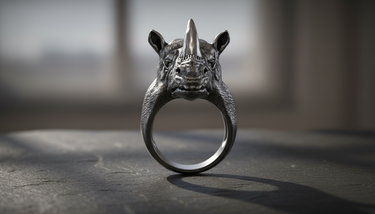 Front view of realistic rhino head ring showing intricate facial details and sturdy band design on grey surface