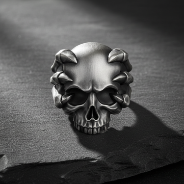 Front view of 925 sterling silver skull ring featuring skeletal claws gripping the cranium on textured dark background
