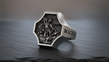 Side view of silver Archangel Michael ring featuring engraved MICHAEL text on the shank and polished finish