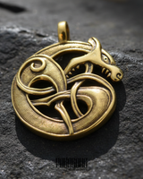 Bronze tone Fenrir wolf pendant showing circular knotwork and detailed craftsmanship in side view