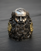 Side view of handcrafted silver ring showing golden clock dial details and oxidized finish for depth and contrast