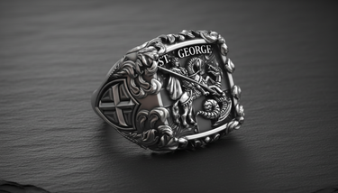 925 sterling silver Saint George ring featuring knight slaying dragon relief on black background