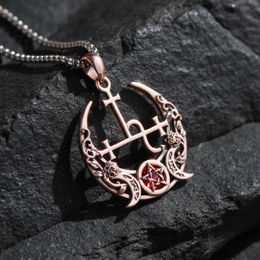 Angled view of handcrafted gothic pendant showing the Seal of Lilith and intricate rose floral engravings