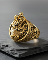 Side profile of the vintage style ring revealing intricate floral scroll engravings carved into the silver band shank