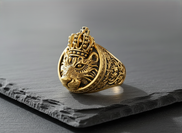 Side profile of the vintage style ring revealing intricate floral scroll engravings carved into the silver band shank