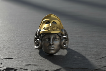 Front view of Silver Athena Goddess Ring with intricate facial features and detailed helmet textures