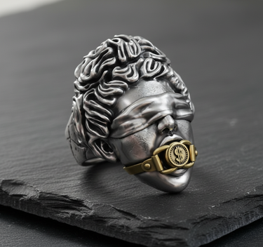 Oxidized 925 sterling Silver Justice Ring showing intricate antique details of the Femida statue head on a dark surface.