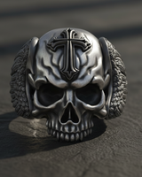 Front view of the silver skull ring for men, showing the Maltese cross on the forehead and the deep eye sockets.