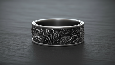 925 sterling silver Japanese crane ring featuring traditional bird and sun relief on textured dark background