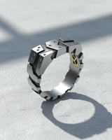 Side view of 925 sterling silver industrial ring showing interlocking blocks and oxidized finish