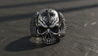 Front view of a men's silver skull cross ring with a Maltese cross on the forehead and detailed wings on a dark slate surface.