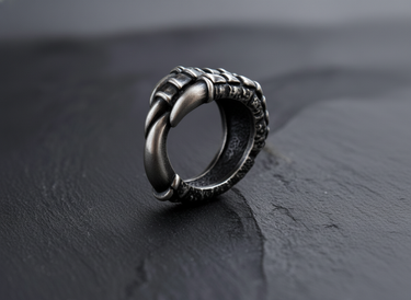 Side view of 925 sterling silver crow claw ring featuring oxidized scales on dark textured background