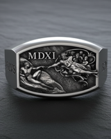 Sterling silver Creation of Adam ring featuring detailed Michelangelo fresco relief and MDXI date inscription