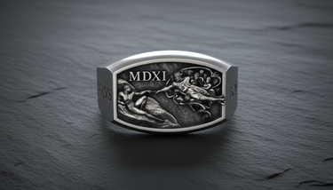 Sterling silver Creation of Adam ring featuring detailed Michelangelo fresco relief and MDXI date inscription
