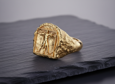 Gold variation of Vitruvian Man Ring showing detailed craftsmanship and classic proportions on stone
