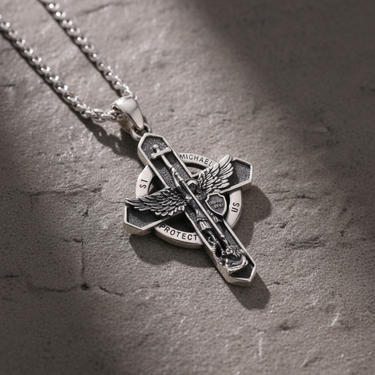 925 sterling silver St. Michael cross pendant with detailed wings and protect us inscription