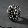 Front view of 925 sterling silver Zeus ring with oxidized finish highlighting beard and hair details