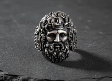 Front view of 925 sterling silver Zeus ring with oxidized finish highlighting beard and hair details